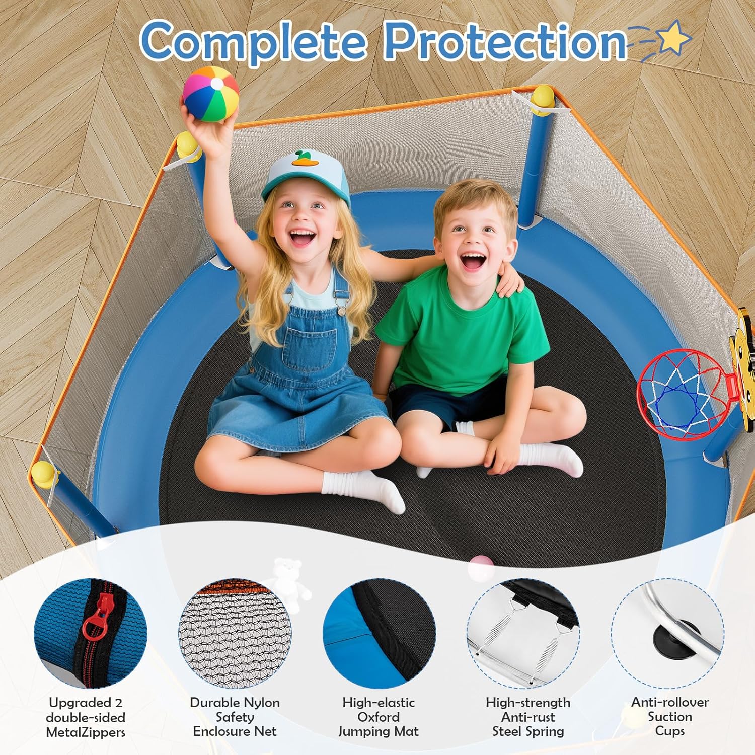 Kids Trampoline with Safety Net – 440lbs Capacity, Upgraded Rust-Proof Ring Legs, Adjustable Gymnastics Bar & Toys – Indoor Outdoor Toddler Trampoline for Boys & Girls Ages 1-8 - Image 4