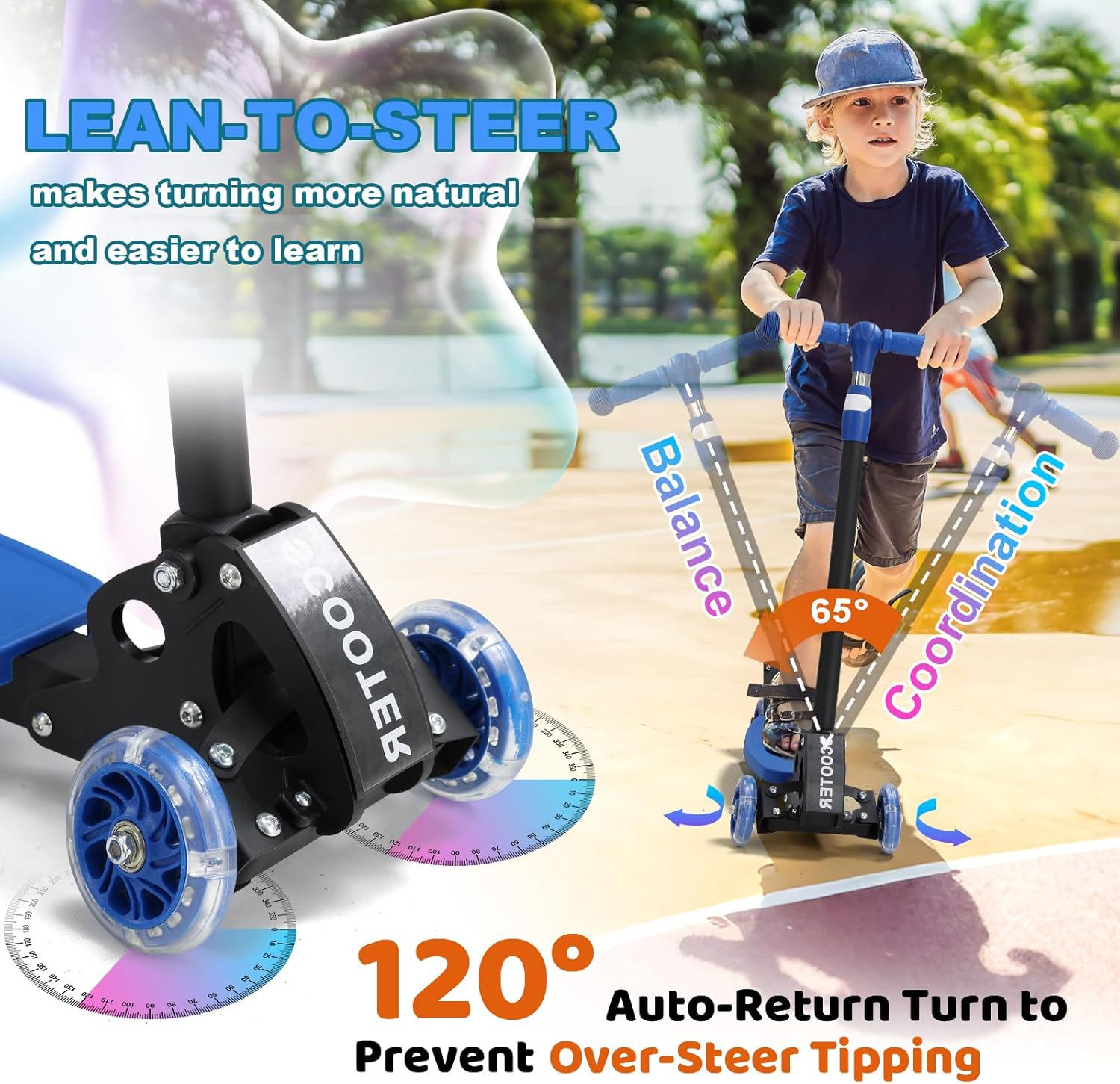 Kick Scooter for Kids Ages 6-12, LED Lighted Wheels and 3 Adjustable Height Handlebars, Kids Kick Scooter, Extra Wide Deck for Girls and Boys Blue - Image 4
