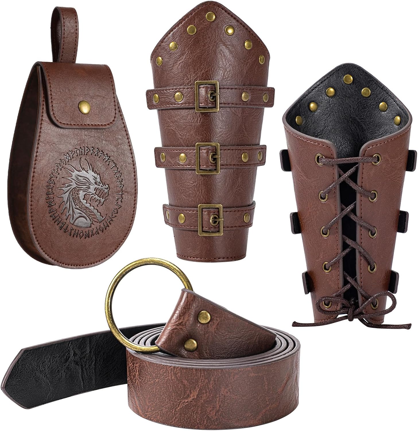 Berenlu 3 PCS Renaissance Accessories, Viking Belt, Medieval Vintage Belt Pouch & Leather Bracers for Halloween LARP Cosplay