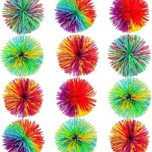 Leinuosen 12 Pieces Stringy Balls Sensory Stringy Ball Soft Rainbow Pom Bouncy Stress Bags Basket Stuffers Fillers Graduation Party Favors Birthday End of Year Gifts, Multicolor (2.75 Inch)
