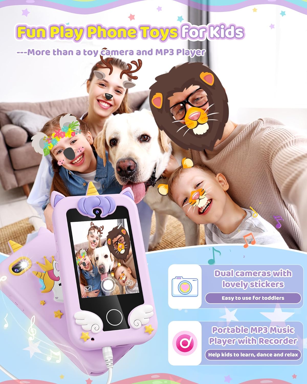 Kikapabi Kids Toy Smartphone, Unicorn Gifts for Girls Boys Ages 3-8 Years Old, Touchscreen Fake Play Phone with Music Dual Camera Puzzle Games, Birthday, Kids Trip Activity - Image 3