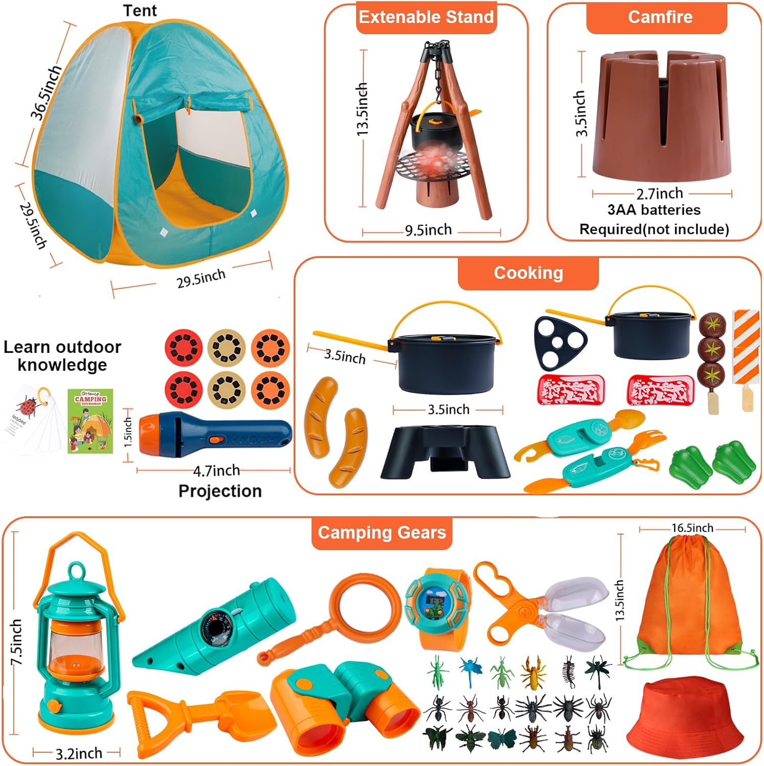 Qtioucp Kids Camping Set 50pcs with Tent & Space Projector Flashlight- Outdoor Campfire Toy Set for Toddlers Kids - Pretend Play Camp Gear Tools for Birthday Christmas - Image 3