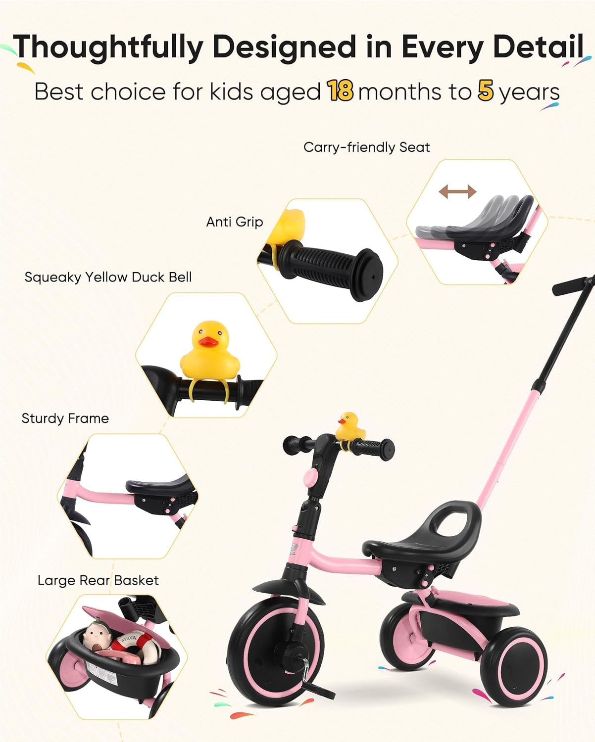 RIDYEE Tricycle for Toddlers 18 Months to 5 Years with Removable Push Handle, Tricycles for 3-5 Year Olds Ideal for On-The-Go Families, Adjustable Carry-Friendly Seat, Pink - Image 4
