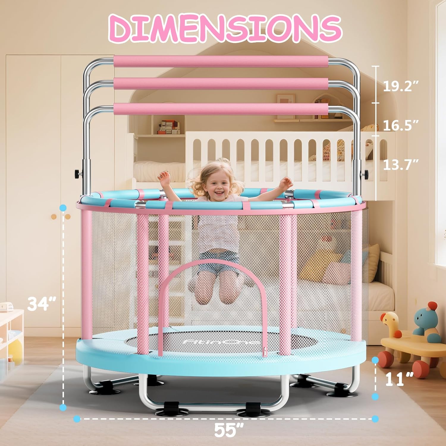 55" Toddler Mini Trampoline for Kids, Indoor Outdoor Toys with Swing, 440lbs Baby Kids Trampoline, Gymnastics Bar, Birthday Gifts for Boy Girl Age 1-8 - Image 5