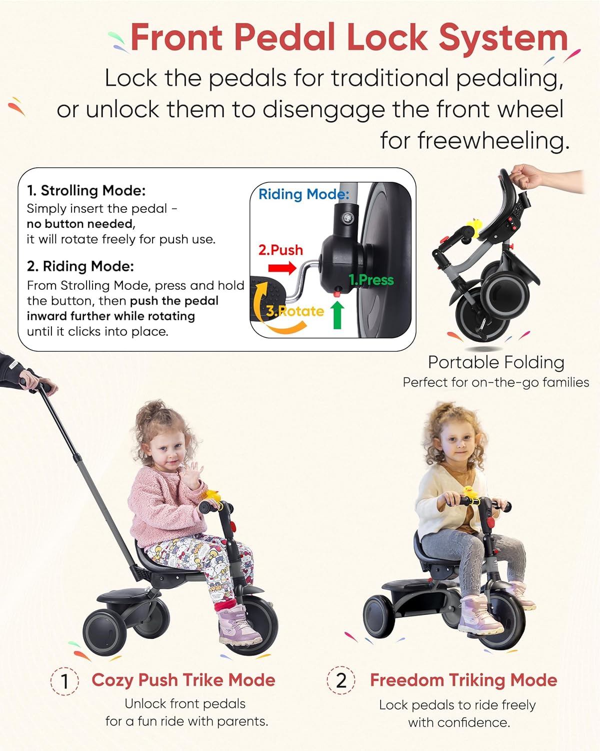 RIDYEE Tricycle for Toddlers 18 Months to 5 Years with Removable Push Handle, Tricycles for 3-5 Year Olds Ideal for On-The-Go Families, Adjustable Carry-Friendly Seat, Grey - Image 2