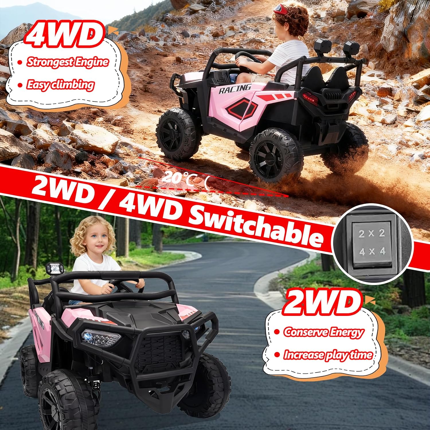24V XL 2 Seater Ride on Car Truck, BLISSRIDE 4x200W Kids UTV w/20 Spacious Seat, 4WD/2WD, 7Ah Large Battery, Remote Control, Bluetooth, LED Lights, 24V Ride on Toys for Big Kids Boys Girls, Pink - Image 2