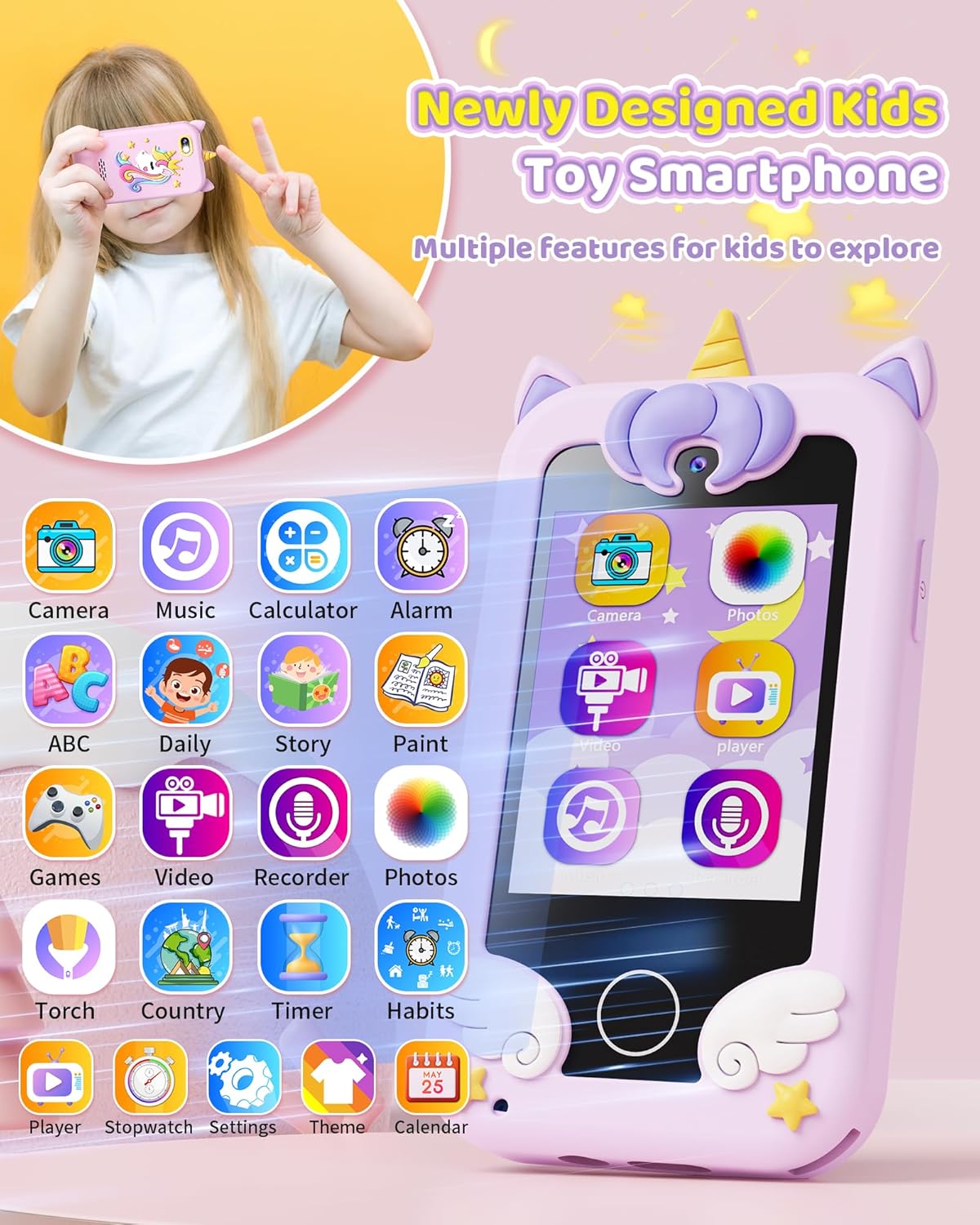 Kikapabi Kids Toy Smartphone, Unicorn Gifts for Girls Boys Ages 3-8 Years Old, Touchscreen Fake Play Phone with Music Dual Camera Puzzle Games, Birthday, Kids Trip Activity - Image 2