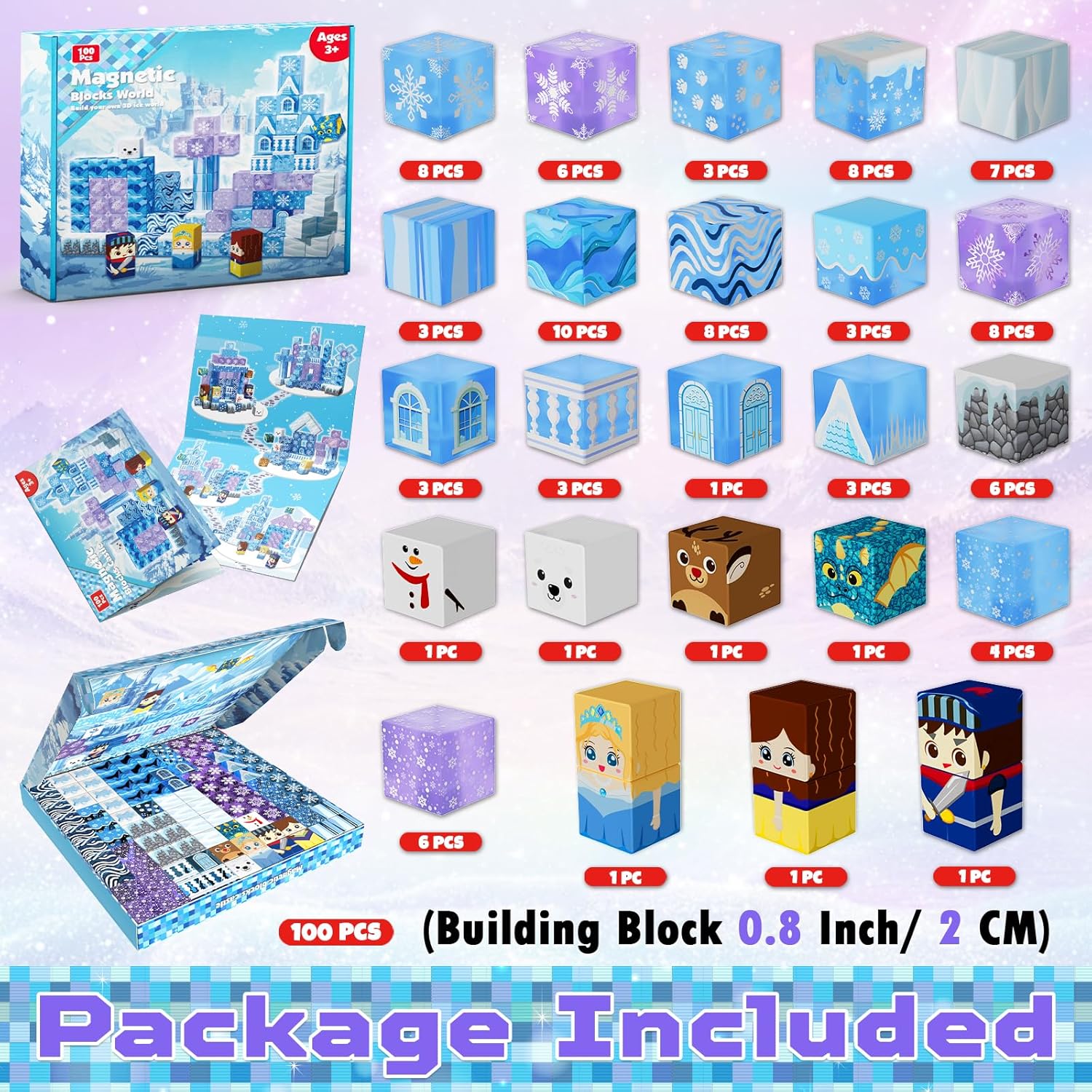 Magnetic Blocks - 100Pcs 0.8in Magnetic Building Block for Kids Ages 4-8, Transparent Magnet Block Blue Princess Castle, Frozen Magnet Cubes Tiles Princess Toy for Girl 3 4 5 6 7 8-12 Birthday Gift - Image 3