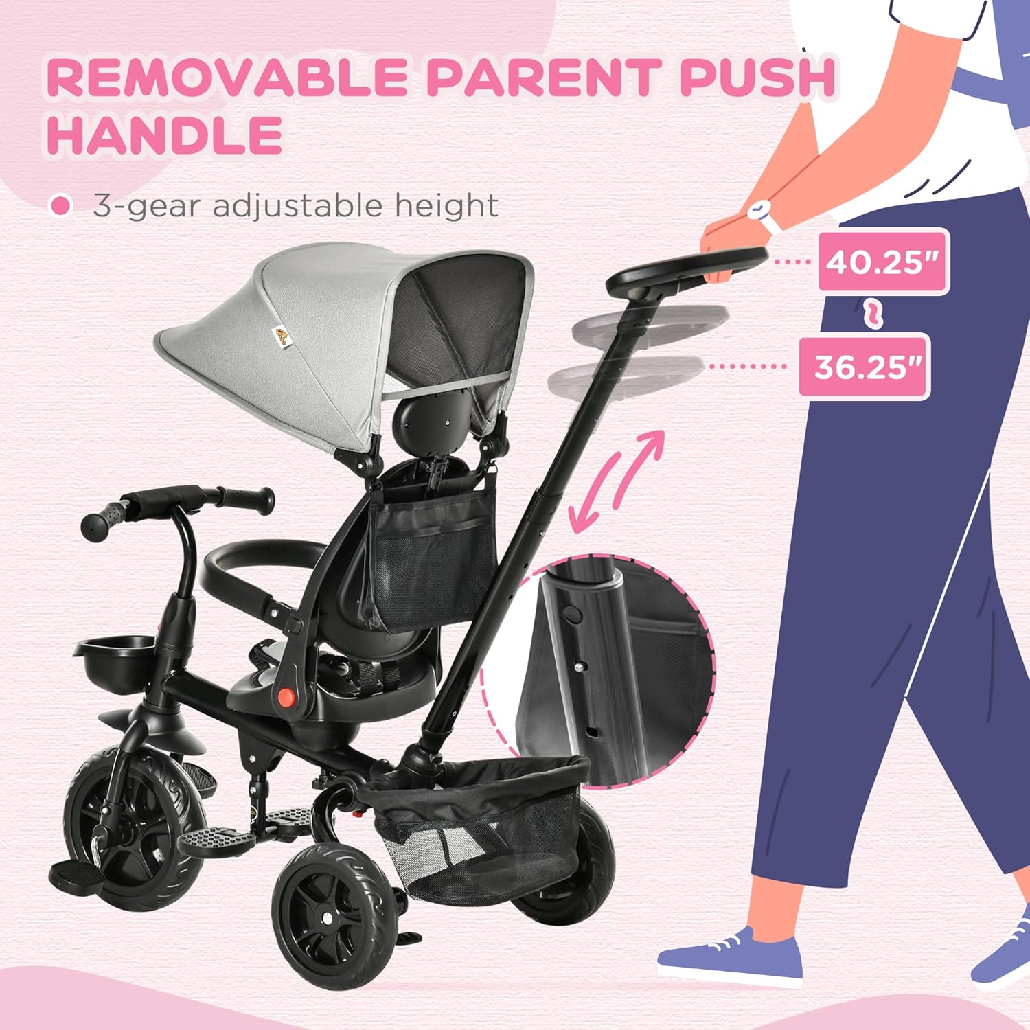Qaba Kids Tricycle, 4 in 1 Foldable Trike with Reversible Seat, Adjustable Parent Handle, Safety Harness, Wheel Brakes, Removable Canopy, Storage, Tricycle for Toddlers 1-5 Years, Gray - Image 5