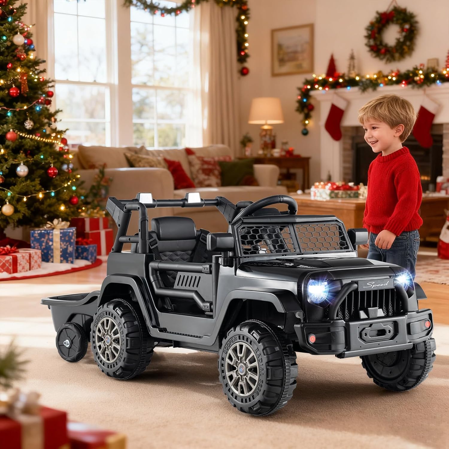 Costzon Ride on Car with Detachable Trailer, 12V Battery Powered Ride on Truck with Parent Remote Control, Light & Music, Electric Vehicle Kids Car Toy for Boys & Girls (Black) - Image 2