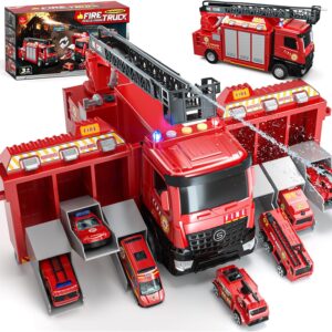 Lehoo Castle Fire Truck Toy for 3 4 5 Years Old Boys, Fire Trucks Playset with Rotating Ladder, Realistic Lights & Sounds, Birthday Gifts for Toddlers 3+