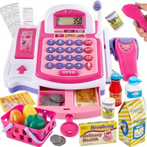 BUYGER Kids Cash Register Toy with Scanner, Receipt Printer, Microphone, Shopping Play Food – Pretend Role Play Birthday for Toddler Kids Boys Girls Ages 3 4-8+ Years Olds