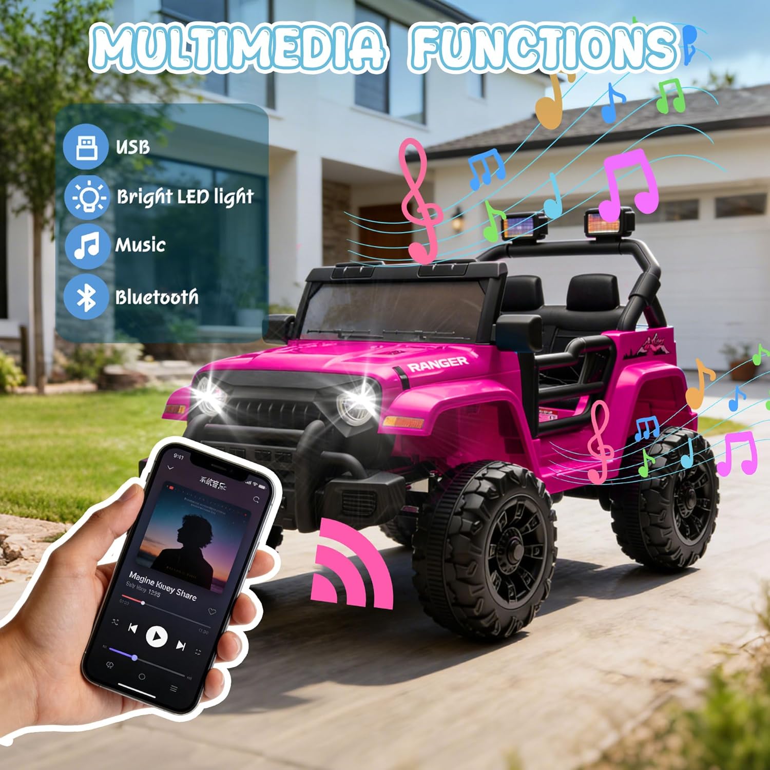 12V Ride on Toys for Toddlers, Kids' Electric Vehicles W/Parents Control, Ride on Truck Car with Music, Bluetooth, USB, Four-Wheels Suspension for Age 2-4 (Pink) - Image 3
