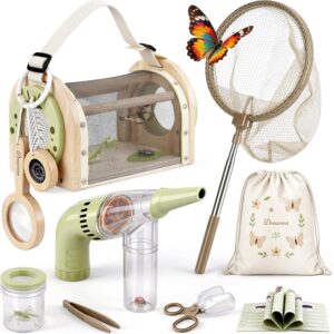 Dreamon Kids Bug Catching Kit, 11PCS Outdoor Toys for Kids Ages 4-8 | STEM Educational Toys Kids Explorer Kit with Wooden Bug Habitat, Bug Vacuum, Butterfly Net and Magnifying Glass