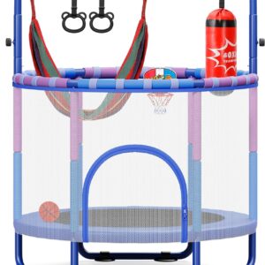 Yohood 55″ Trampoline for Kids with Enclosure, 6-in-1 Toddler Trampoline Indoor Outdoor, Upgrade Full Anti-Rust Tube with Adjustable Gymnastics Bars for Boys Girls