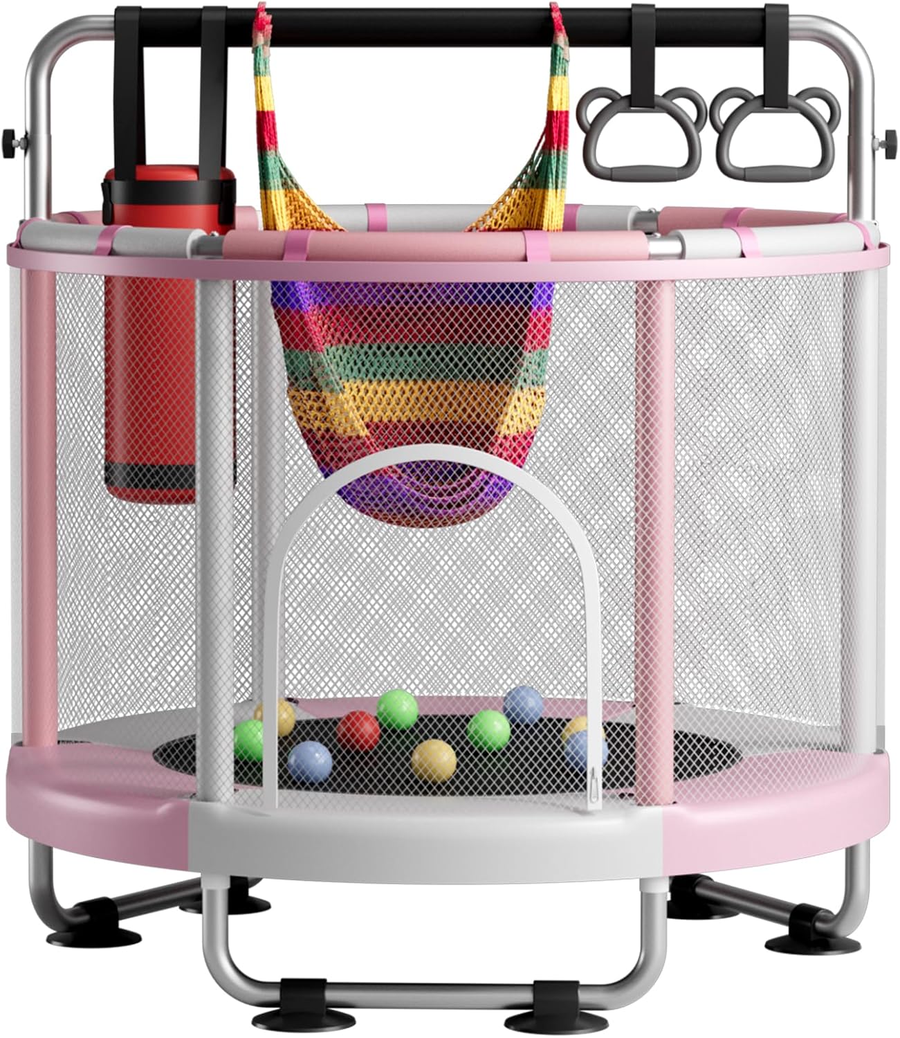 ZCMHAXJ 55" Trampoline for Kids with Enclosure, 440lbs Capacity Indoor & Outdoor Toddler Trampoline with Adjustable Gymnastics Bar & Toys, for Boys & Girls