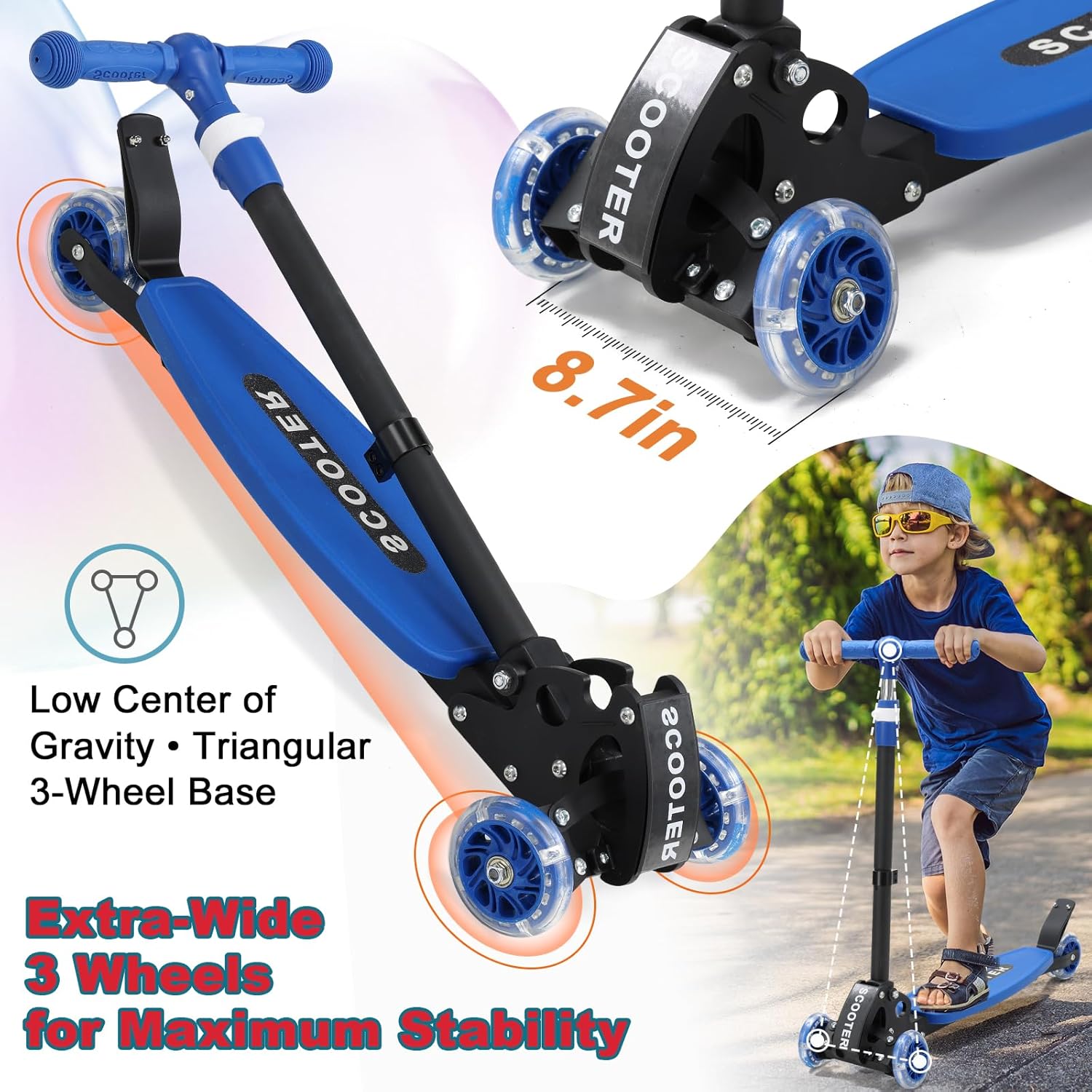 Kick Scooter for Kids Ages 6-12, LED Lighted Wheels and 3 Adjustable Height Handlebars, Kids Kick Scooter, Extra Wide Deck for Girls and Boys Blue - Image 3