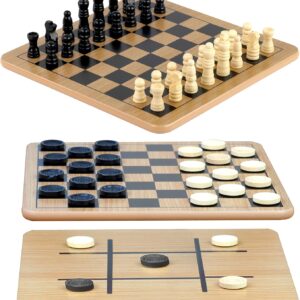 Regal Games – Reversible Wooden Board for Chess, Checkers & Tic-Tac-Toe – 24 Interlocking Wooden Checkers and 32 Standard Chess Pieces – for Age 8 to Adult for Family Fun