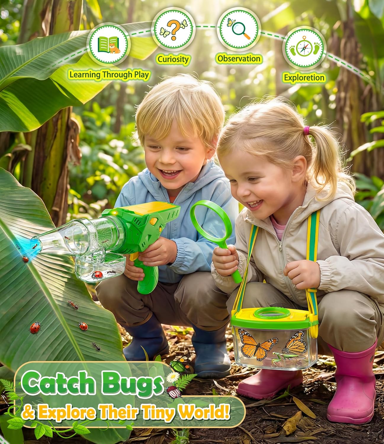 Bug Catcher for Kids 3-12, Bug Vacuum Bugs Catching Release Kit, Magnifying Glass Bug Collector Butterfly Net Bugs Grabber Insect Catcher Tweezers, Boys Outside Explorer Toys Birthday Gift - Image 2