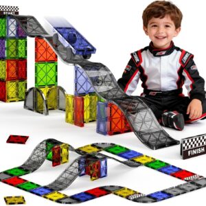 Magnetic Downhill Racer Set 40-Piece with Car & Tracks, STEM Magnetic Tiles Building Toys for Kids Ages 3-8, Montessori Learning Toys with Reinforced Slopes & Loop Pieces