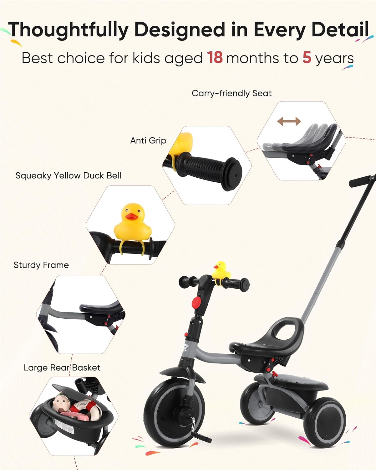 RIDYEE Tricycle for Toddlers 18 Months to 5 Years with Removable Push Handle, Tricycles for 3-5 Year Olds Ideal for On-The-Go Families, Adjustable Carry-Friendly Seat, Grey - Image 4