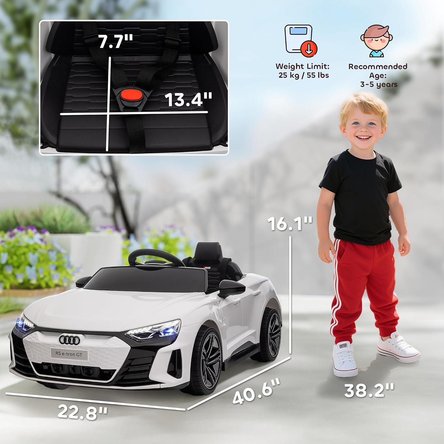 Aosom Licensed Audi RS e-tron GT 12V Ride On Car Truck for Kids, Electric Car Ride On Vehicle w/Parent Remote Control, Music, Lights, for Toddlers, White - Image 7