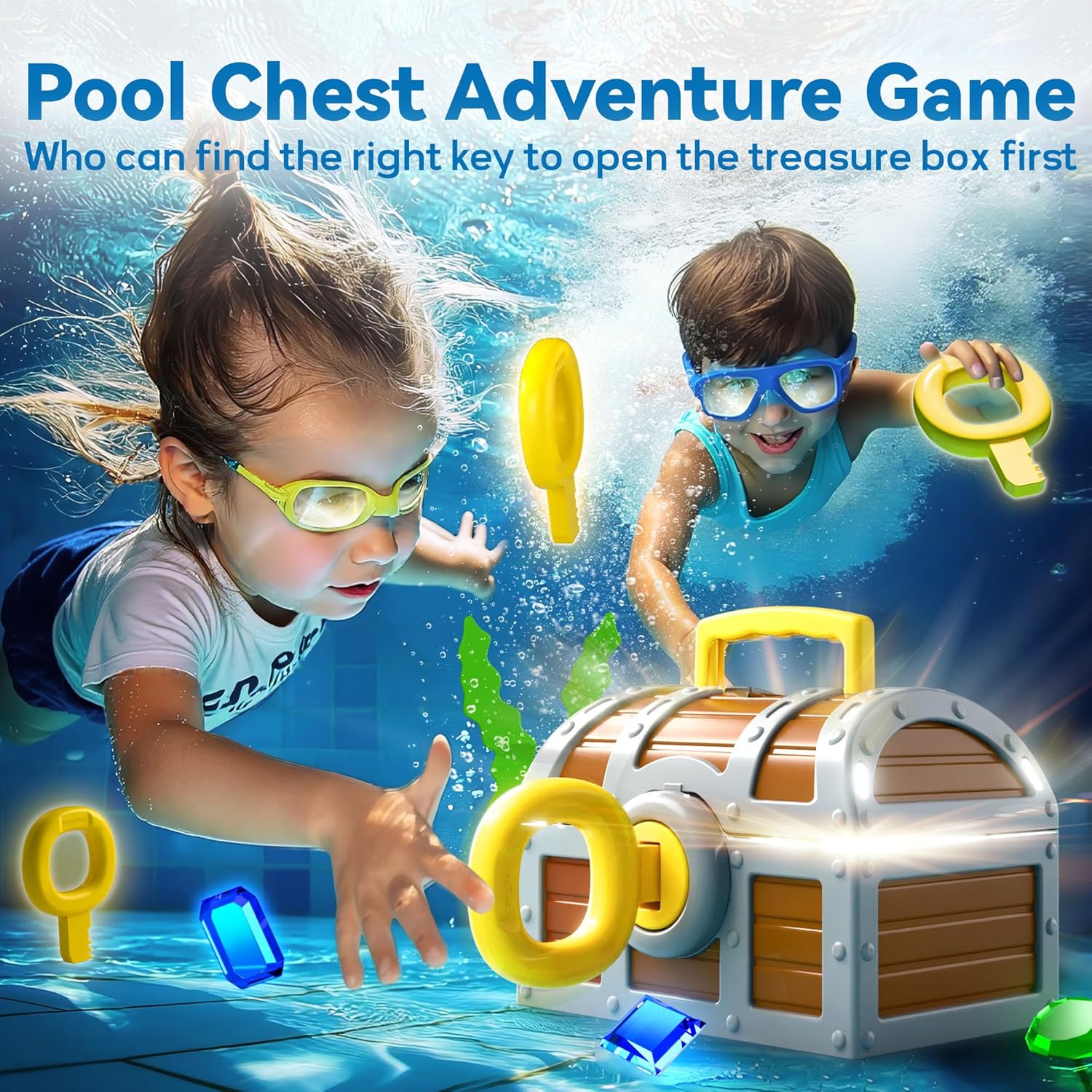 Funscape Kids Diving Pool Toy, Large Treasure Chest Water Dive Game W/Keys Gems Fish, Toddler Outdoor Swimming Treasure Box Playset, Fun Summer Swim Party Gifts 3 4 5 6 7 8 10 12 Year Old Boy Girl - Image 4