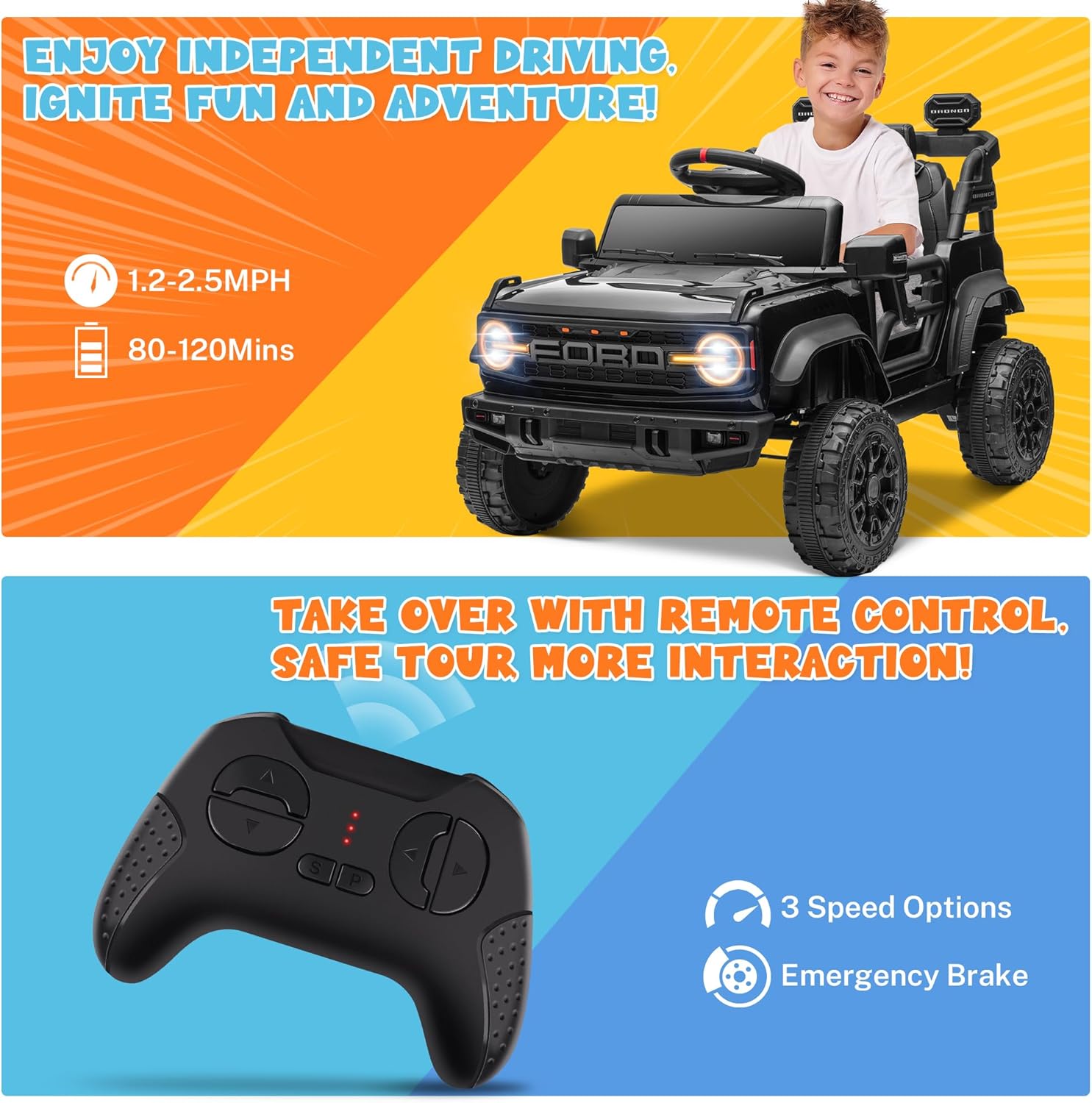 ENYOPRO 12V Licensed Ford Bronco Raptor Ride on Car for Kids, Battery Powered Electric Car for Toddlers w/Remote Control, Spring Suspension, Seat Belt, Bluetooth, Horn, LED Lights, Radio (Black) - Image 4