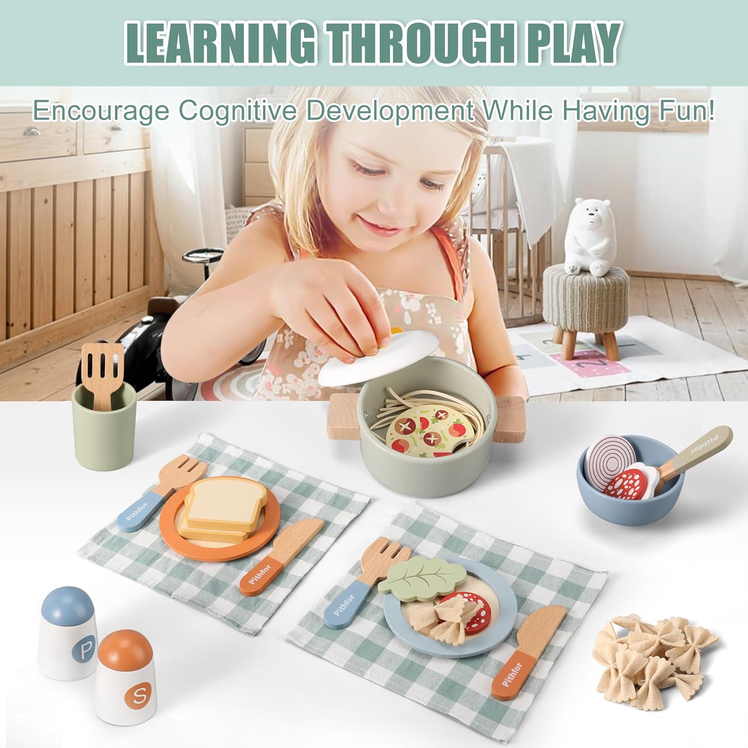 Pithfor Wooden Play Cooking Set, Pretend Play Kitchen Accessories Toys Set for Kids Toddlers, Including Play Dishes, Pot and Pan, Utensils, Gifts for 3 4 5 Years Old Girls Boys - Image 7