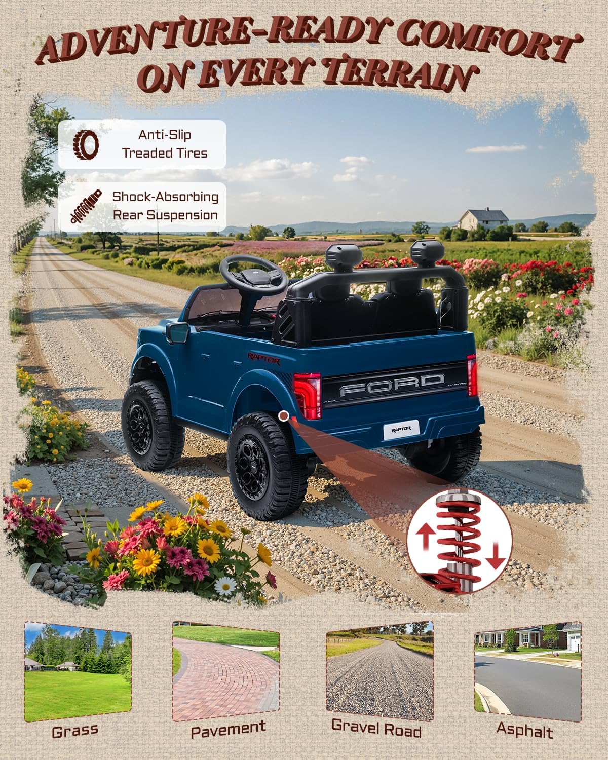 First Ride On Licensed Ford F-150 Raptor 2 Seater Ride on Car for Kids, 24 Volt Ride on Toys for Boys w/Remote Control, Kids Electric Car w/LED Lights, Bluetooth, Truck Bed Storage, Soft Start (Blue) - Image 7