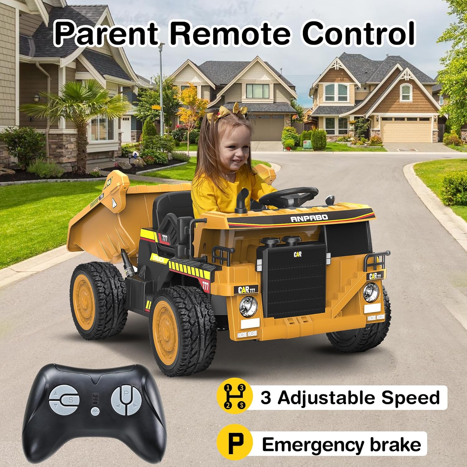 ANPABO 24V Ride On Dump Truck, 2X75W Powerful Motors, Up to 4.4Mph, EVA Tires, Construction Vehicle w/Electric Dump Bed and Extra Shovel, 19" Spacious 2 Seater, Kids Car w/Parent Remote -Yellow - Image 5