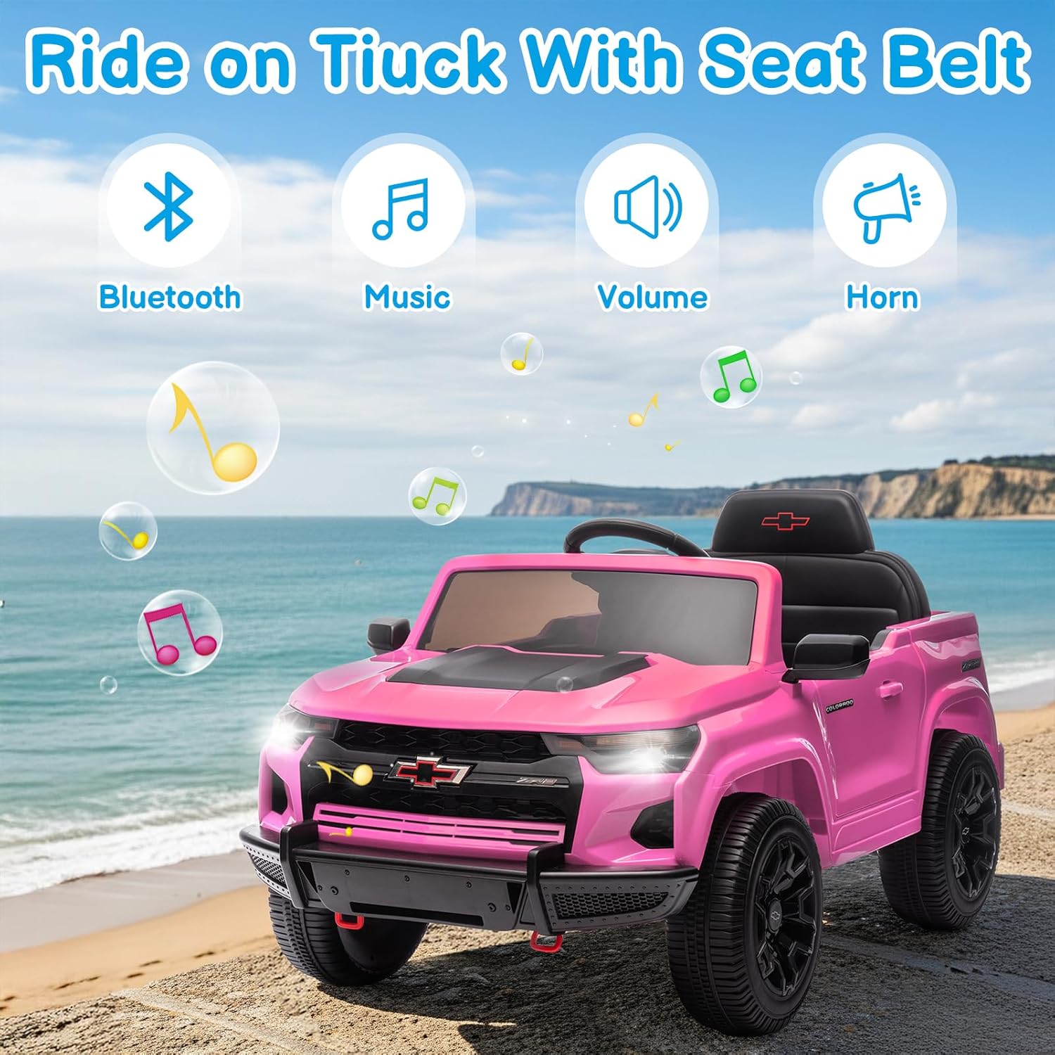 Winado Licensed Chevrolet Colorado Electric Car for Kids, 12V Ride on Toys for Toddlers with Remote Control, Battery Powered Electric Car Ride On Vehicle w/Bluetooth, Soft Start, LED Lights - Pink - Image 6