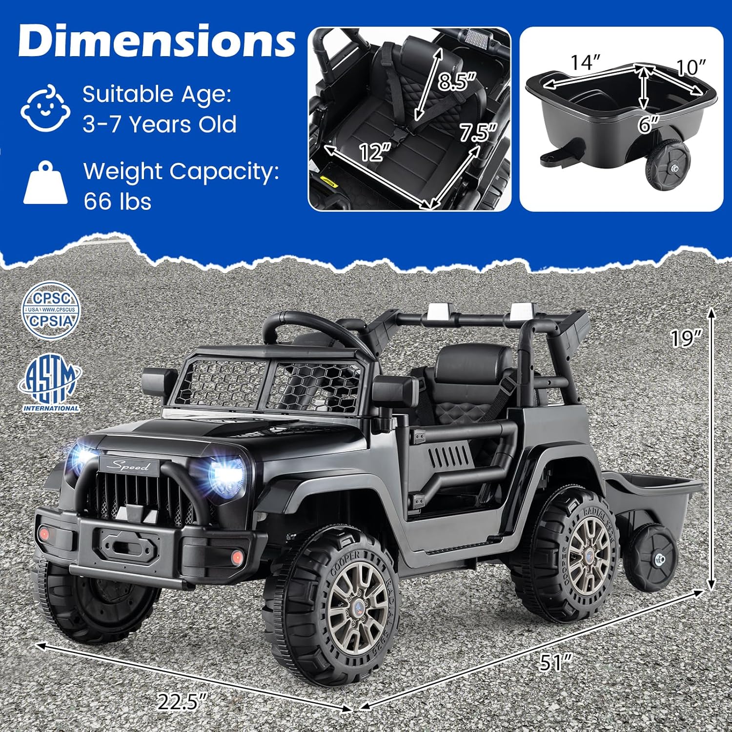 Costzon Ride on Car with Detachable Trailer, 12V Battery Powered Ride on Truck with Parent Remote Control, Light & Music, Electric Vehicle Kids Car Toy for Boys & Girls (Black) - Image 7