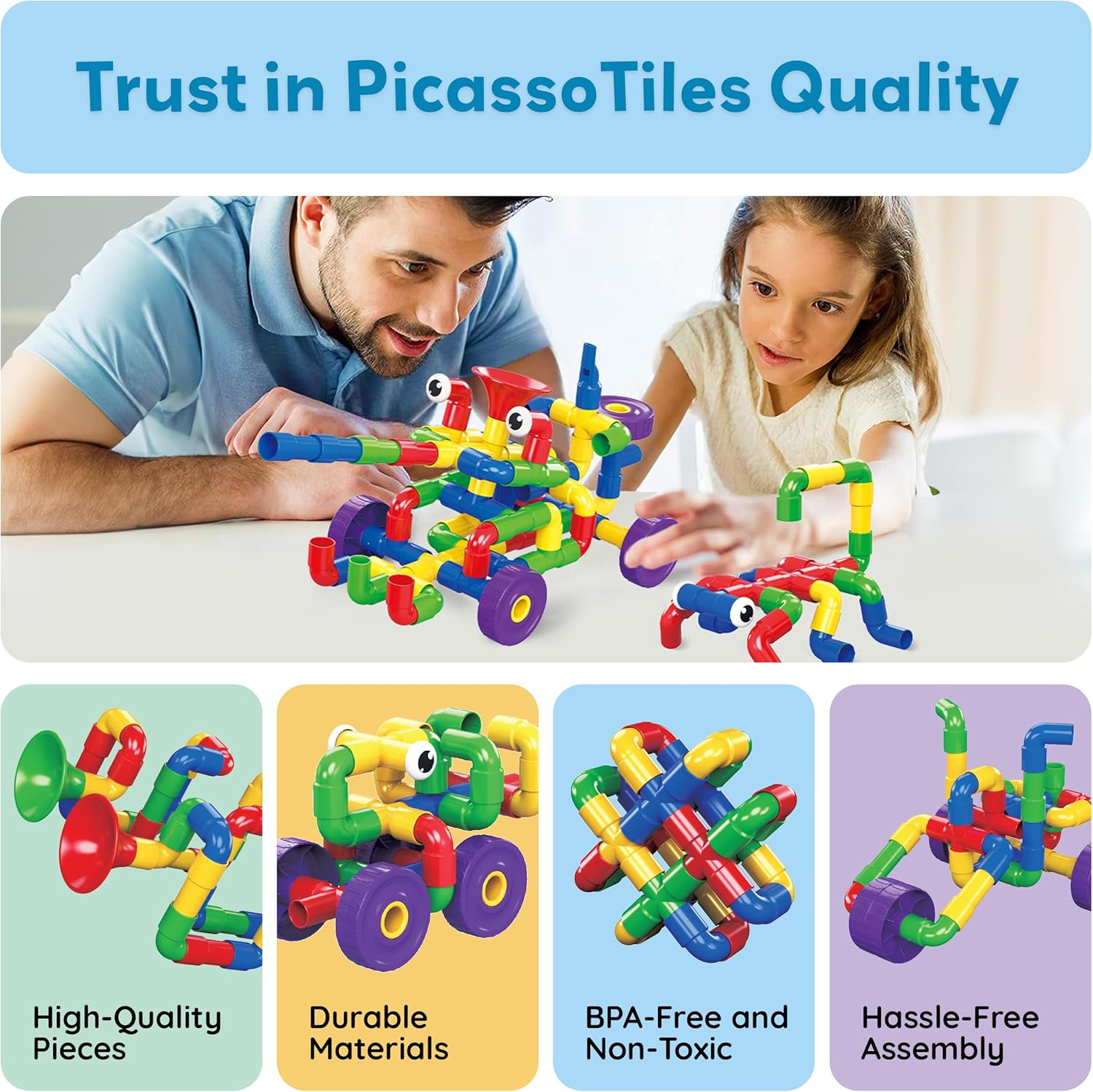 PicassoTiles PTT136 136pcs Tubular Pipes & Spout STEAM Interlocking Educational Building Block Set, Tube Locks, Pipeworks Construction Blocks w/Storage Container Box, Idea Book, Flute Musical Kit - Image 8