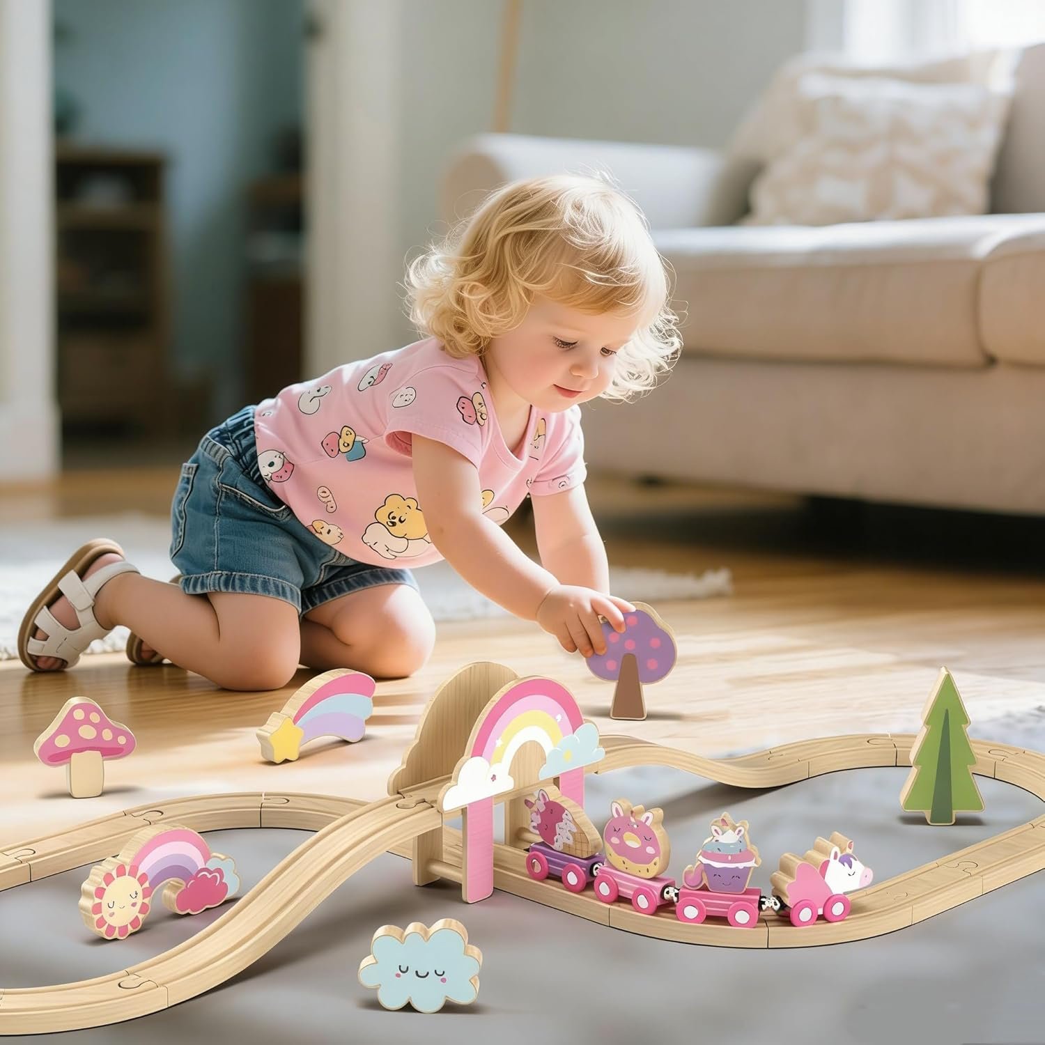 Lehoo Castle Wooden Train Set - Unicorn Train Set for Toddlers 2-4, Wooden Train Track Toddler Girl Toys, Pink Train Fantasy Toys for 3 4 5 6 7 Year Old Girl - Image 8