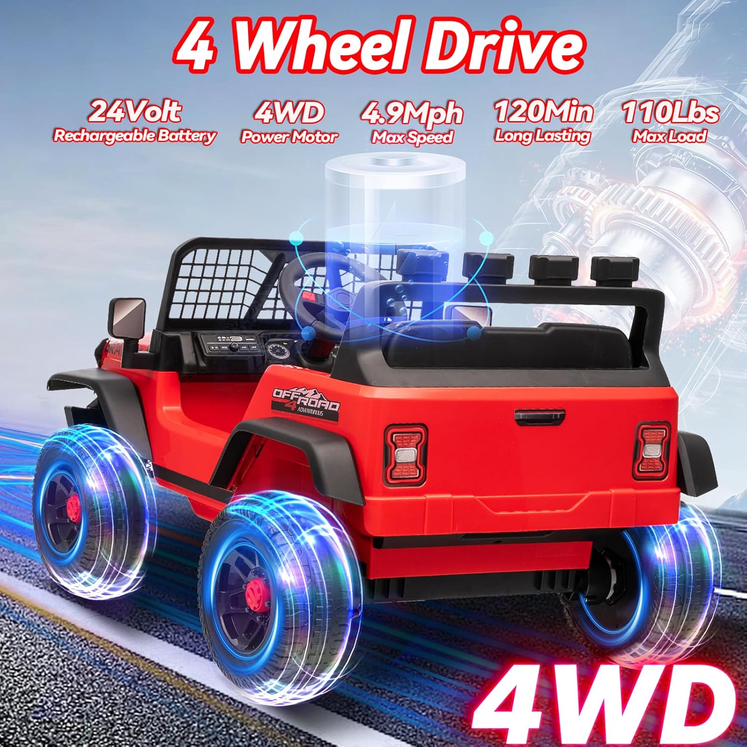 24V Jeep Power Wheels w/Remote Control, 4WD Ride on Truck Car, 3 Speed, Bluetooth Music, Wide Seat, Spring Suspension, LED Light, Birthday for Boys Girls Toddler (Black+Red) - Image 4