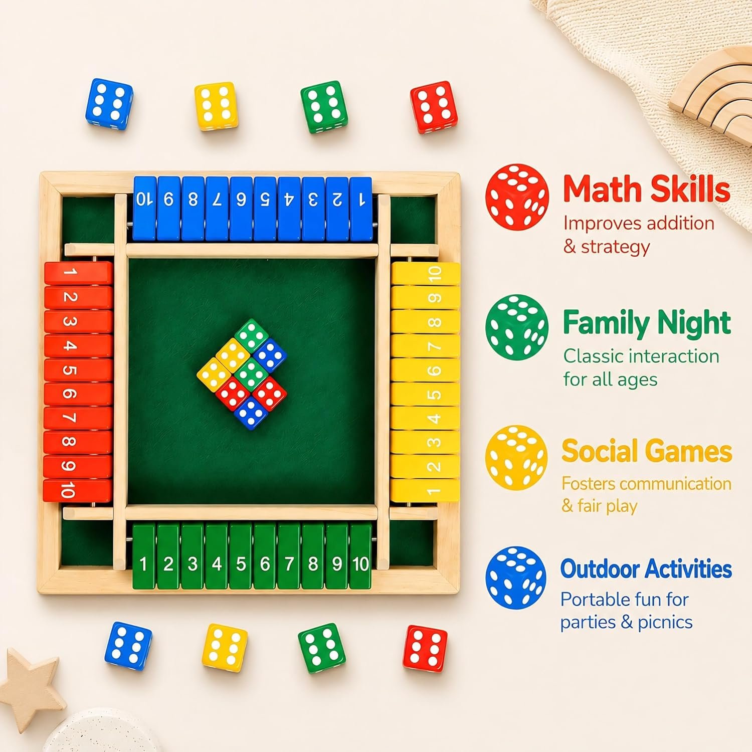 Shut The Box Game, Wooden Number Flip Board Dice Tabletop Toys for 2-4 Player, Math Educational Learning Tools for Kids and Adults, Classic Pub Family Game Night Party Activity, Camping - Image 3