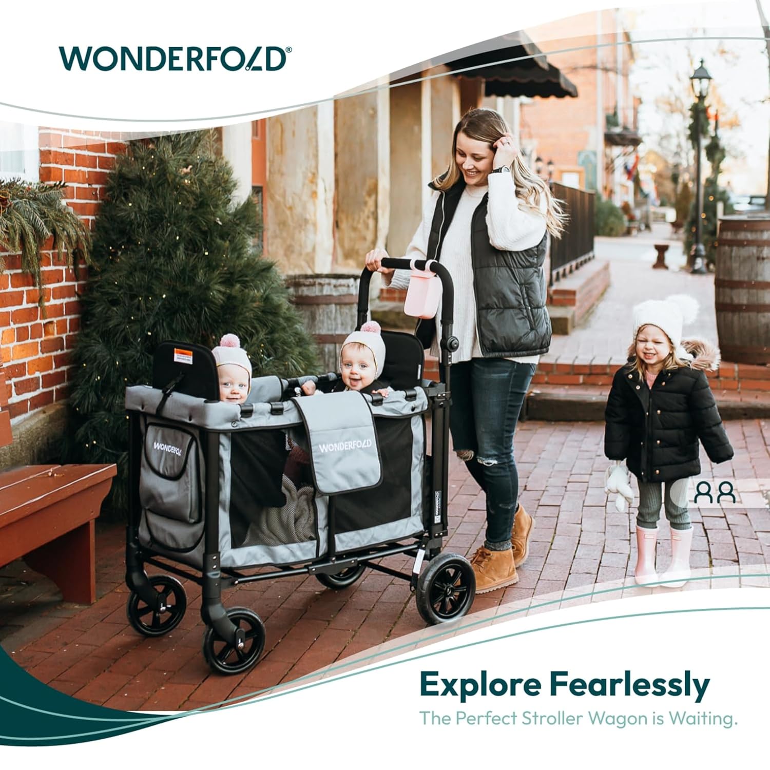 WonderFold W2 Stroller Wagon - Foldable Wagon with Steel Frame - Canopy & Adjustable Push Handle - All-Terrain Wheels - for Babies, Toddlers & Kids - 2 Seater - Gray - Image 2