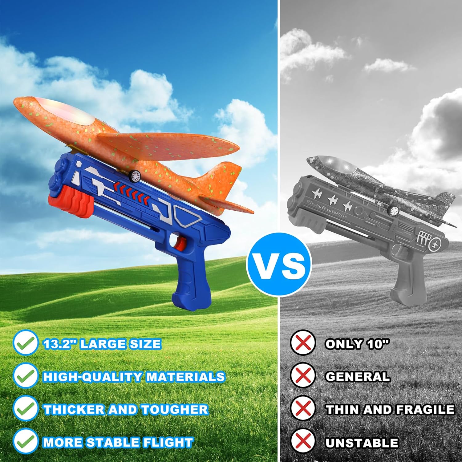 Fuwidvia 3 Pack Airplane Launcher Toys, 13.2'' LED Foam Glider Plane Toy for Boys, 2 Flight Modes Outdoor Flying Toys Birthday Gifts for Boys Girls 4 5 6 7 8 9 10 11 12 Year Old (Blue&Green&Orange) - Image 4