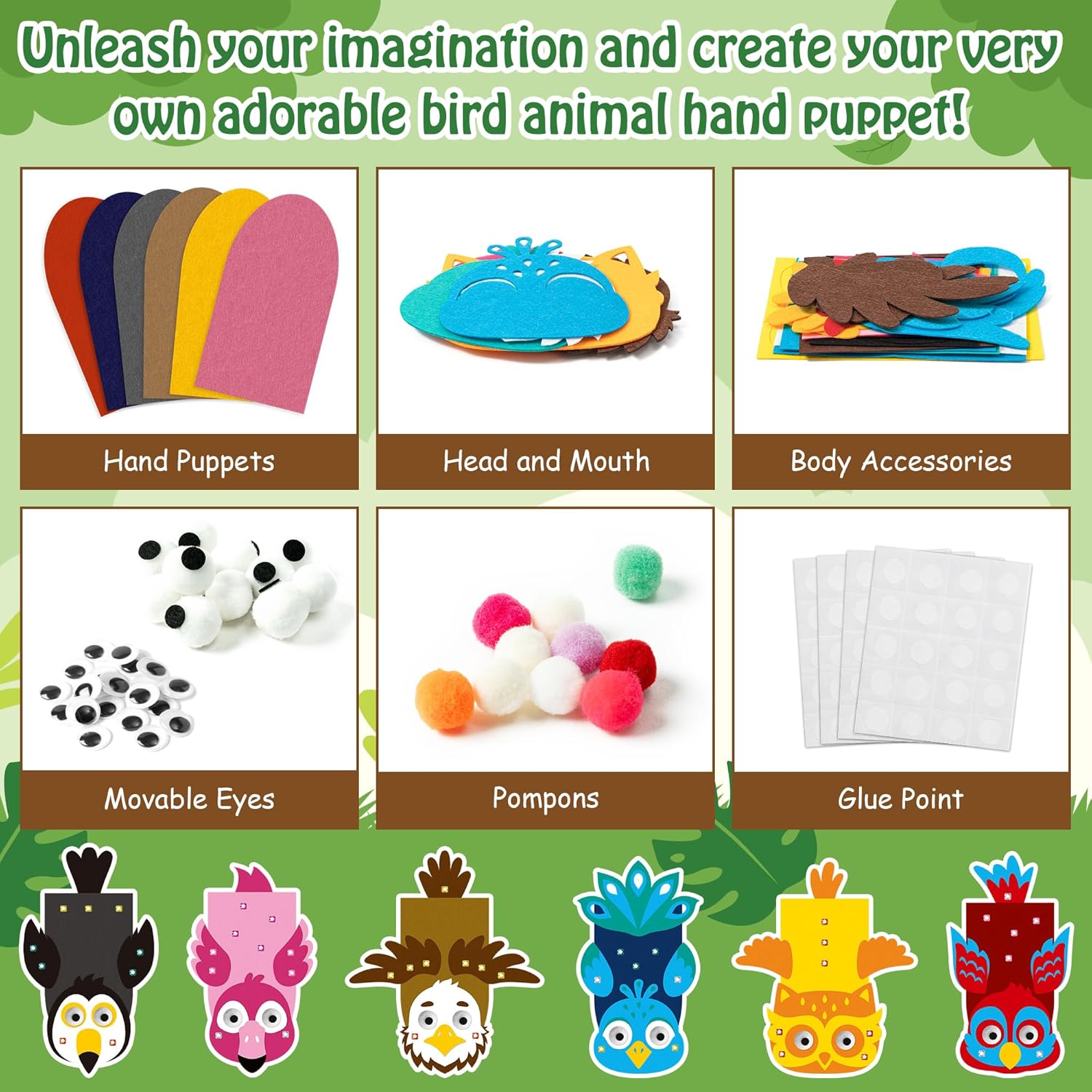 WATINC 6Pcs Hand Puppet Making Kit, Art Craft Felt Sock Puppet Toys, Creative DIY Make Your Own Pompoms Wiggle Googly Eyes Storytelling Role Play Party Supplies Gift for Girls Boys (Bird A) - Image 3