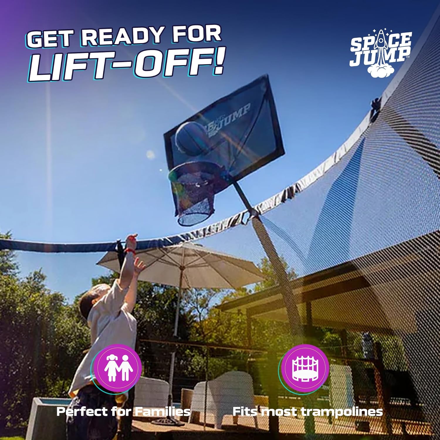 SpaceJump AstroJam Trampoline Basketball Hoop and Net Set Attachment, Outdoor Accessory for Active Backyard Play, Black/Blue - Image 2