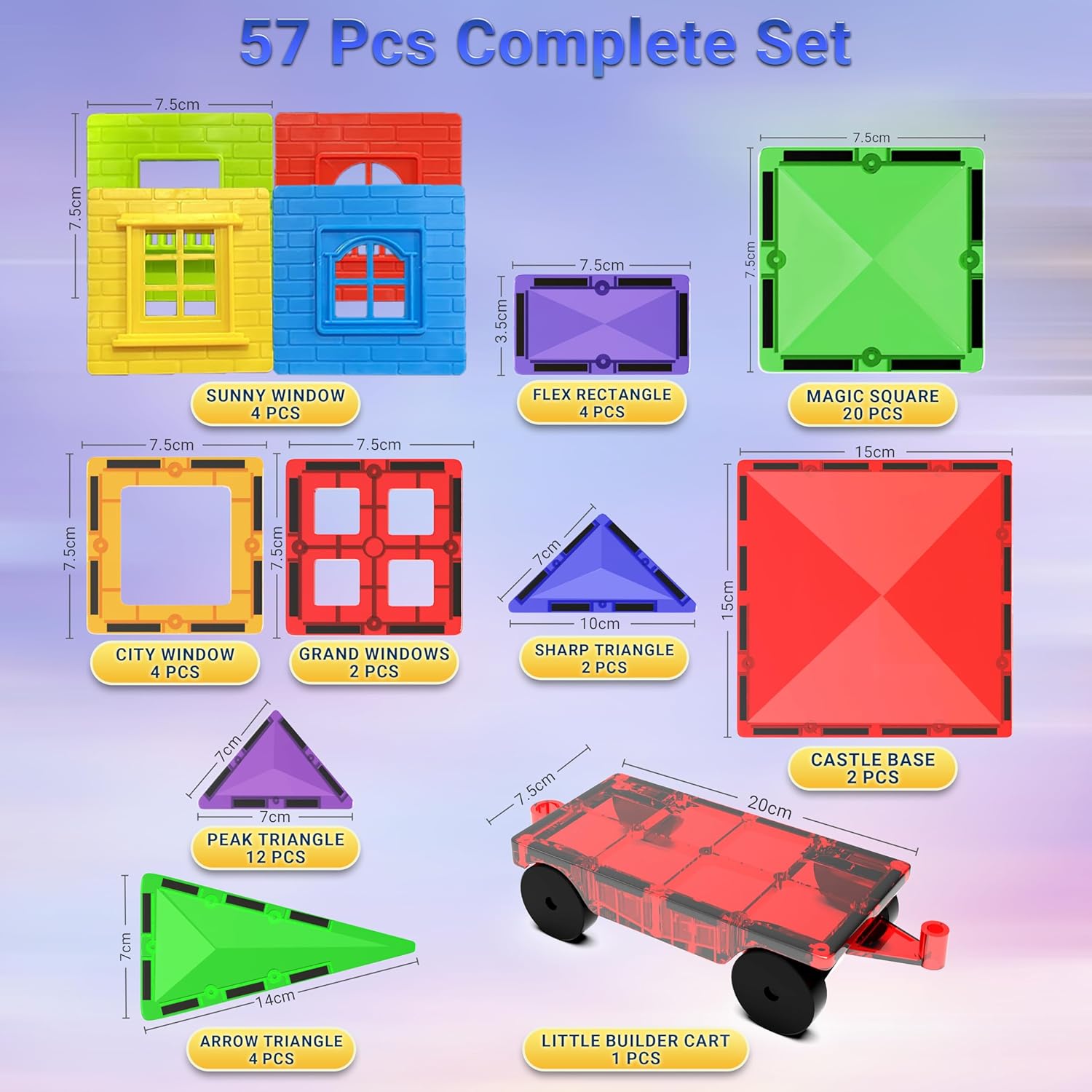 Magnetic Tiles Building Blocks Toy - STEM Educational Magnet Set for Kids, Creativity Preschool Learning Sensory Montessori Toddler Toys for Boys & Girls 3+ Years Old - 57PC - Image 6