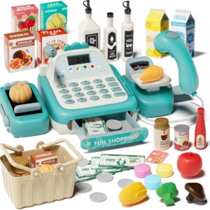 STACTCUTE 49Pcs Cash Register Toy Set for Kids, Pretend Play Grocery Store Cashier Playset with Conveyor Belt, Scanner, Weighing Scale, Calculator & Microphone, Toys Gift for Toddlers Ages 3-8 (Green)