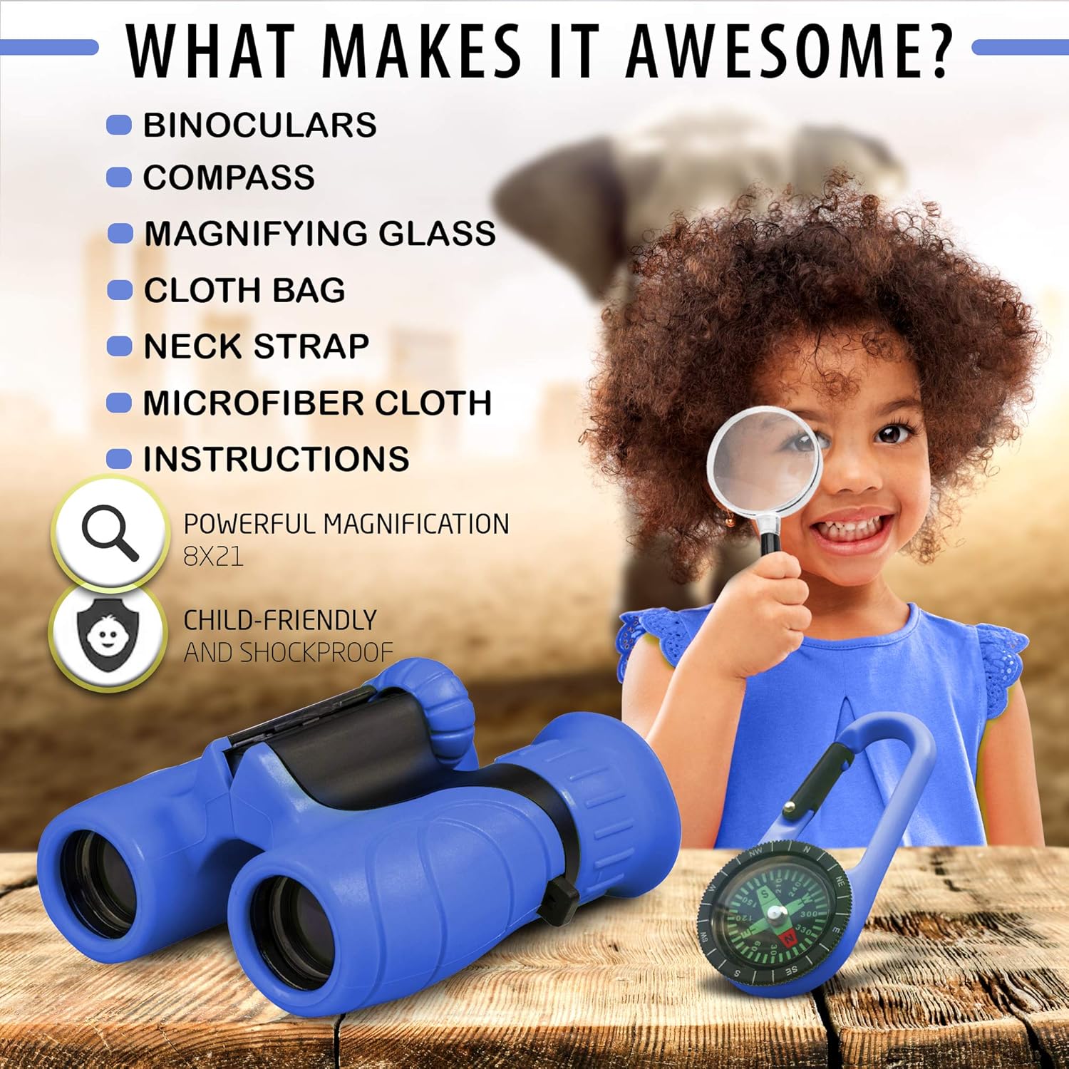 Binoculars for Kids – Perfect Toy for Little Boys and Girls – Extensive Set Incl. Magnifying Glass & Compass – Powerful Magnification 8X21 – 3 to 12 Year Old Kids for Toddler - Image 3
