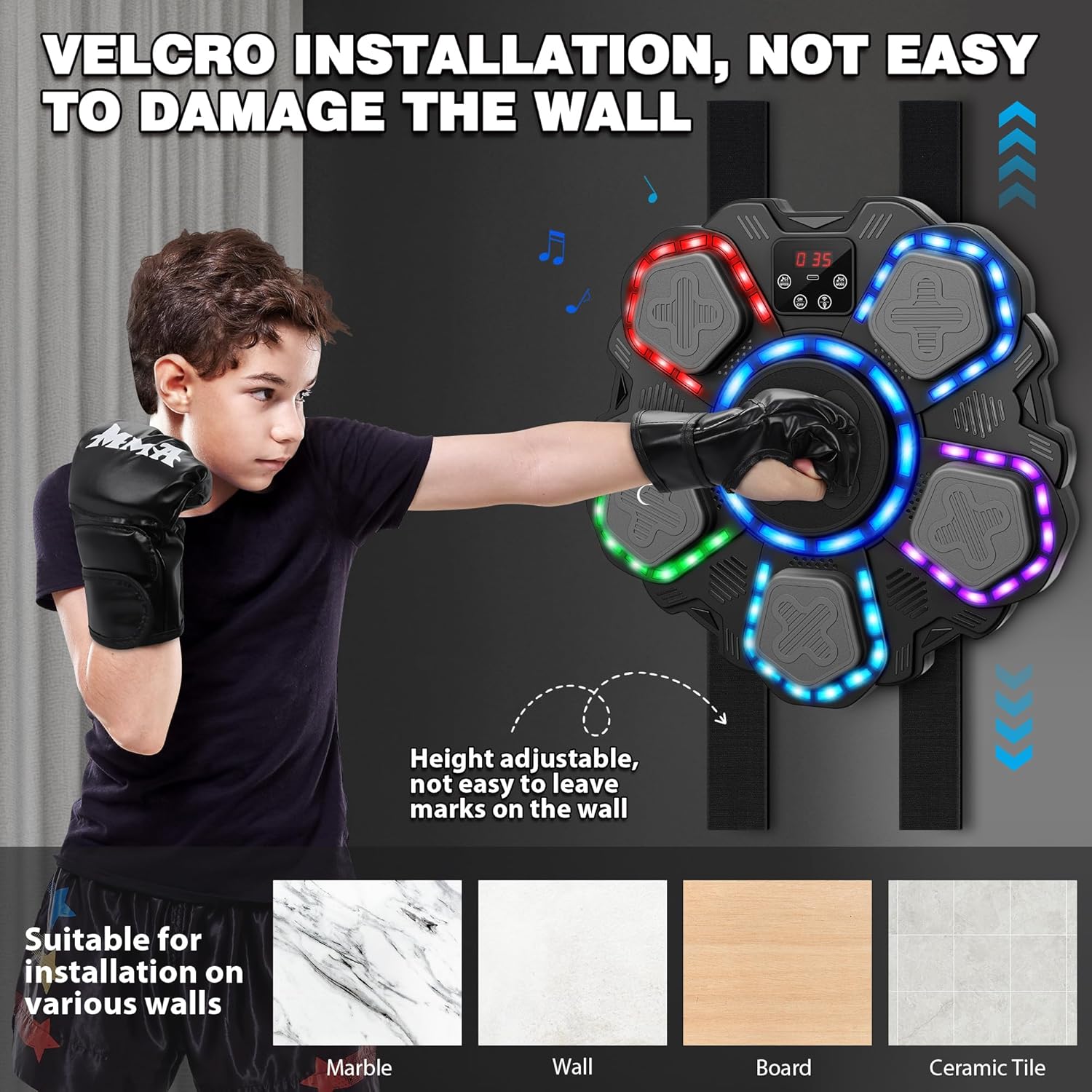 Music Boxing Machine Sport Toys for Kids and Adults,Wall Mounted Bluetooth Smart Punching Target,Training Pad Toy with Boxing Glove,Ideas Toys for Boys Girls Kids 3 4 5 6 7 8 9 10 11 12+ Years Old - Image 6