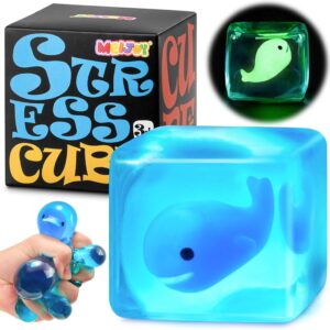 Stress Cube Squishy Fidget Toys Kids Adults – Glow in The Dark Whale Squish Toy Sensory Toys for Kids with Autism Stress Balls for Kids Squeeze Toys for Anxiety Stress Relief Easter Basket Stuffers