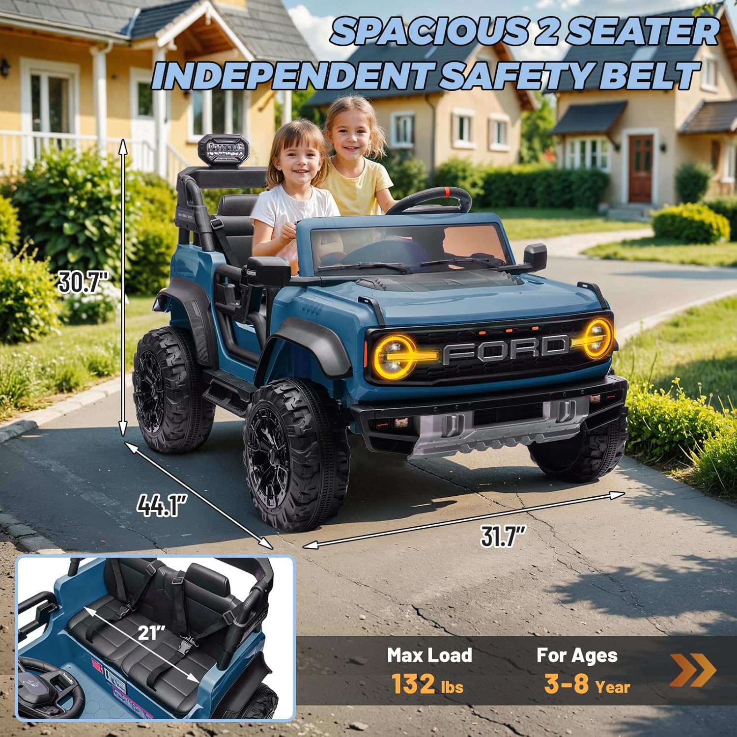 ENYOPRO 2 Seater Ride On Car for Kids, 24V Licensed Ford Bronco Raptor Electric Power Ride On Truck Toy with Remote Control, 4 Wheels Shock Absorption, Soft Start, Bluetooth, Radio, 3 Speed - Blue - Image 6