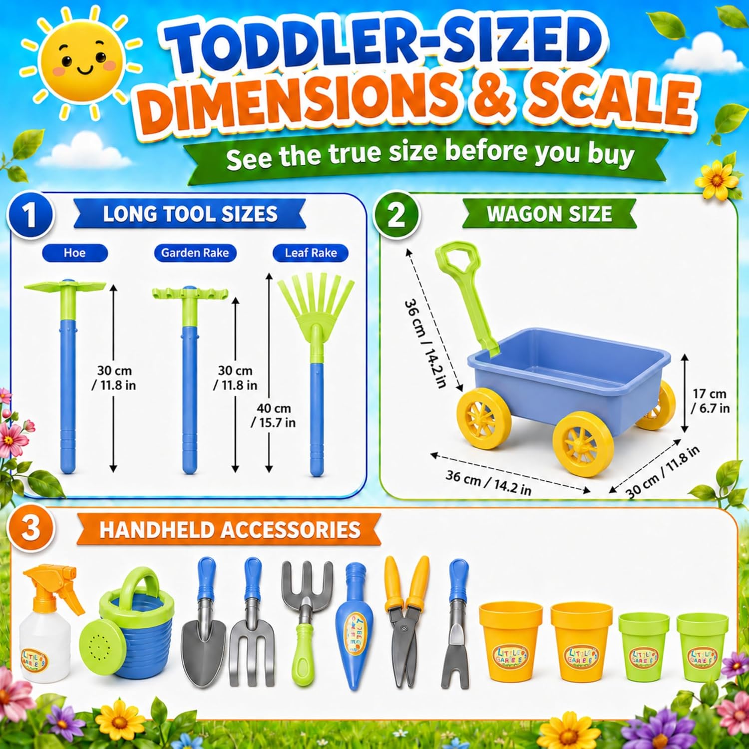 Liberty Imports Pull Along Garden Wagon and Gardening Tools Toy Play Set for Toddlers, Kids with Outdoor Tools, Plant Pots, Accessories - Image 3