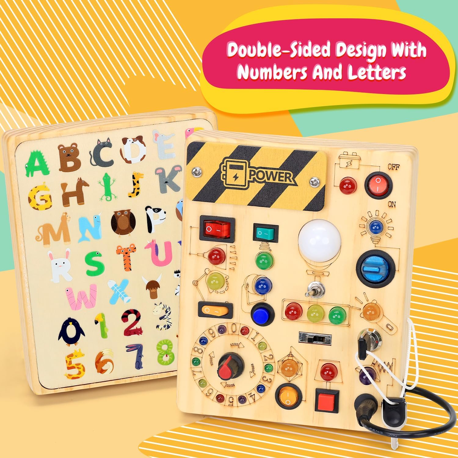 Busy Board with LED Light Switches, Montessori Toys for 1 2 3 Years Old, Toddlers Wooden Toy Sensory Activity Board, Travel Toys for 1+ Year Old Boy & Girl Birthday Gift - Image 3