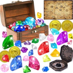 YUJUN Diving Gem Pirate Toys Colorful Pool Acrylic Diamonds Pirate Treasure Chest Gold Coins with Underwater Swimming Throw Pirate Toy for Kids Birthday Summer Swimming Pool Party Favor